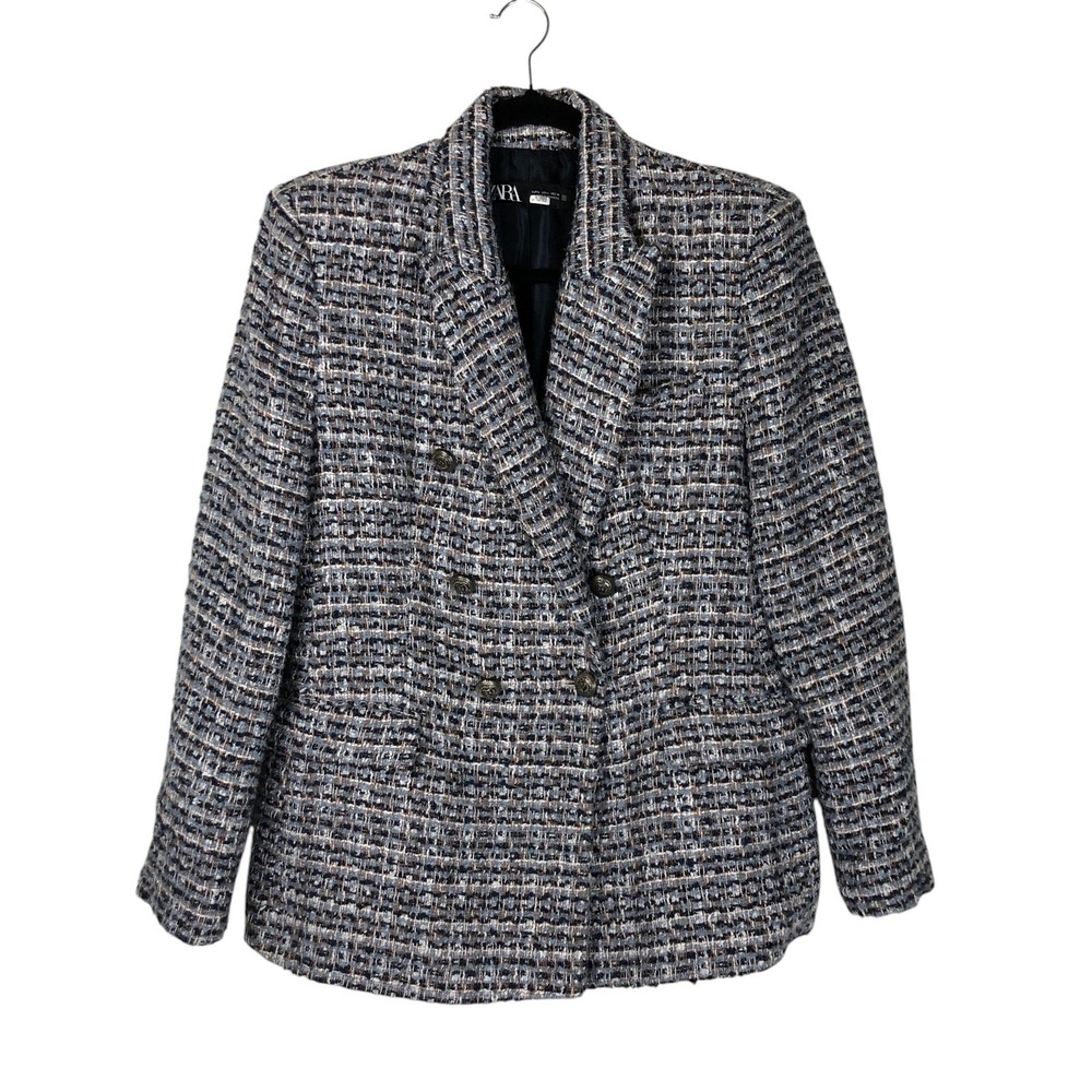 Zara Womens Textured Multicolor Tweed Double Breasted Blazer Size L Career - Picture 3 of 16